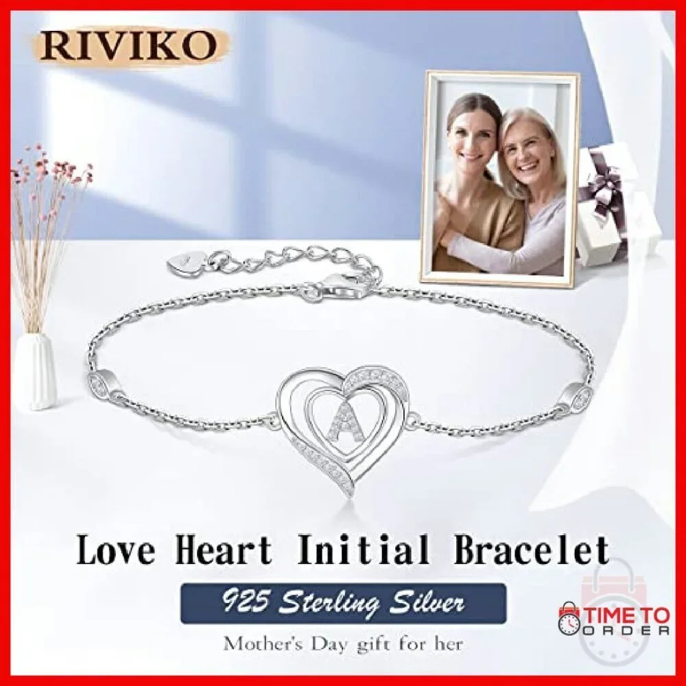 Sterling Silver Heart Initial Bracelet Personalized Charm Jewelry Gift